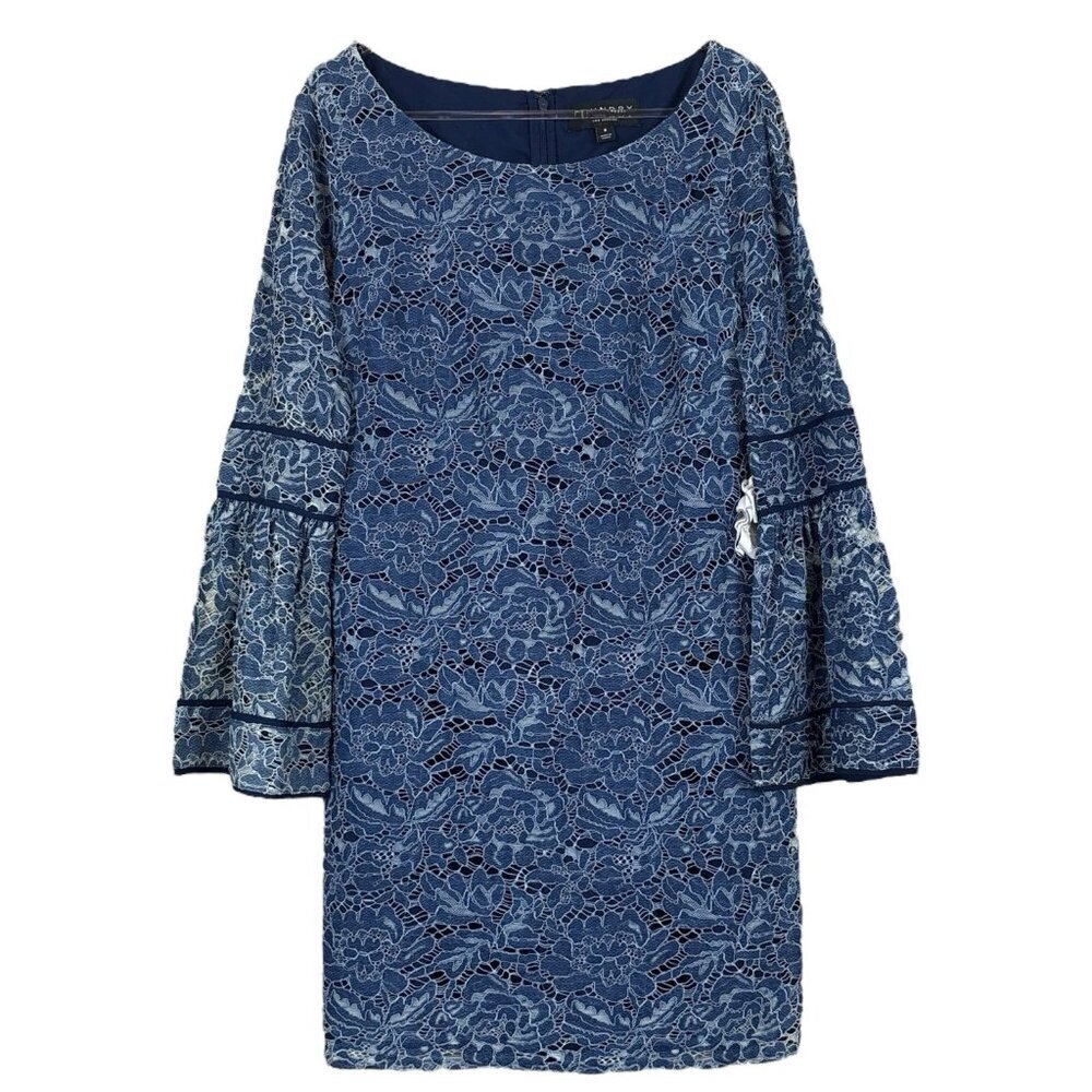 New Laundry Shelli Segal Lace Bell Sleeve Cocktail Dress Midnight Blue Size 8